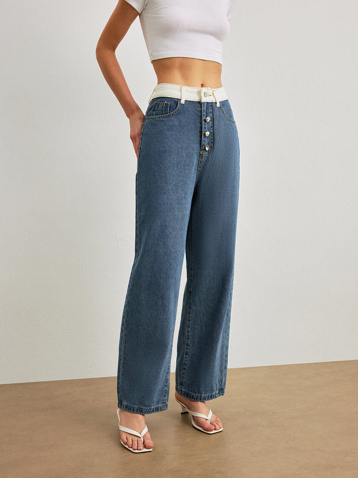 Şık Orta Bel Denim Jeanler ile Şık Kontrast Detay