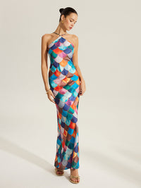 Renkli Kelebek Desenli Yaka Saten Abiye Elbise