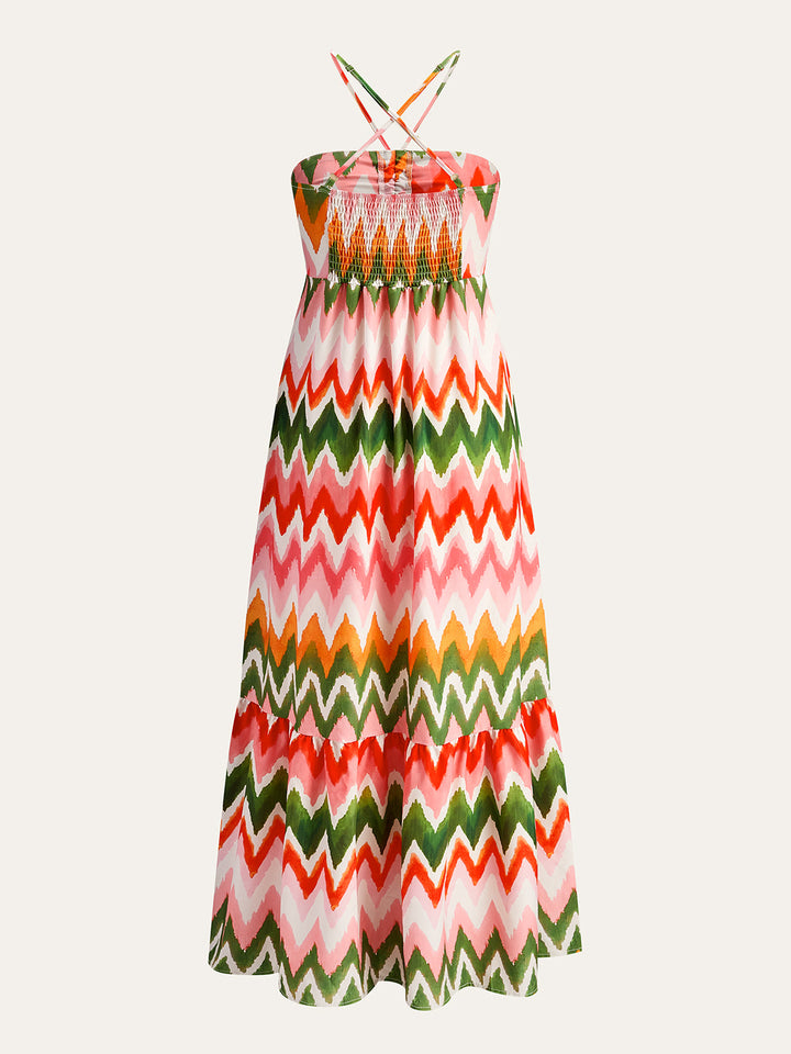 Zigzag Desenli ve Büzgülü Etkili Kayık Yaka Elbise