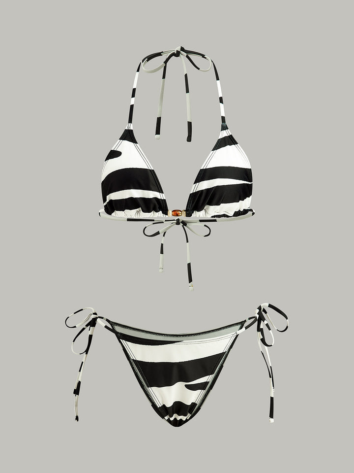 Renkli Üçgen Desenli Çizgili Bikini Takımı