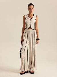 desenli keten ve pamuklu pantolon takımı, elastik beli