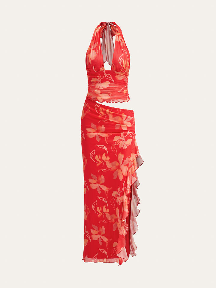 Yarım Şeffaf Çiçekli Halter Elbise