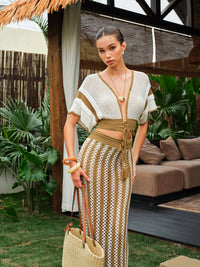 Bantlı Saçaklı Çizgili Düğümlü İp Askılı Örgü Etek Takımı