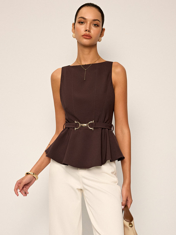 Metal Tokalı Kemerli Bluzsuz Peplum Üst