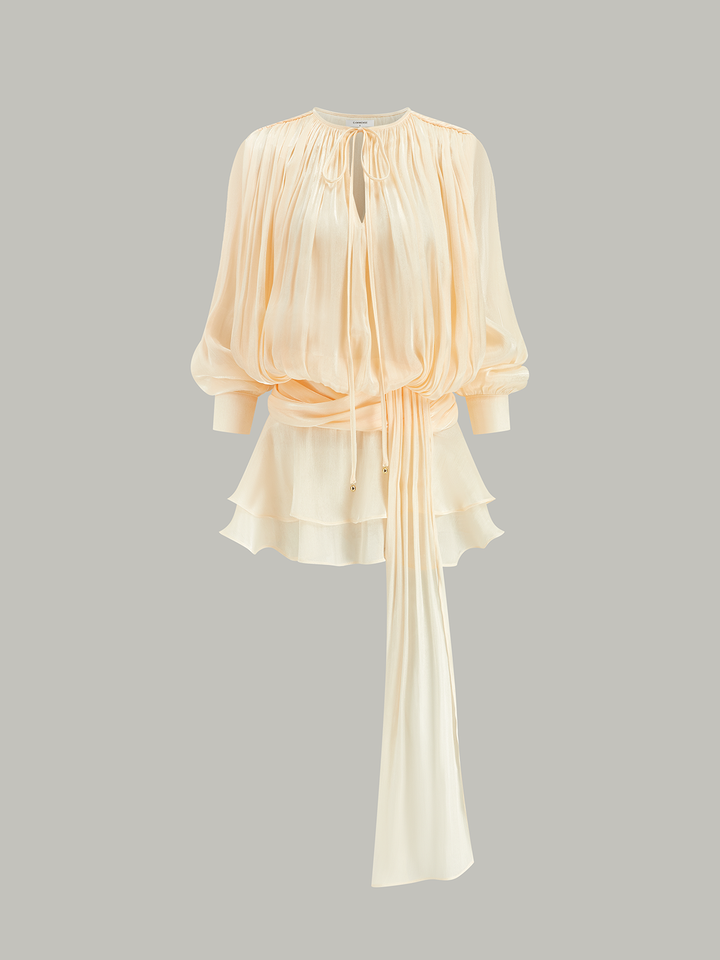 Yarı Saydam Çok Katlı Drape Bağlama Bel Mini Elbise