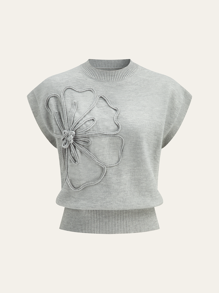 Çiçek Appliğe Kap-Sleeve Örgü Üst
