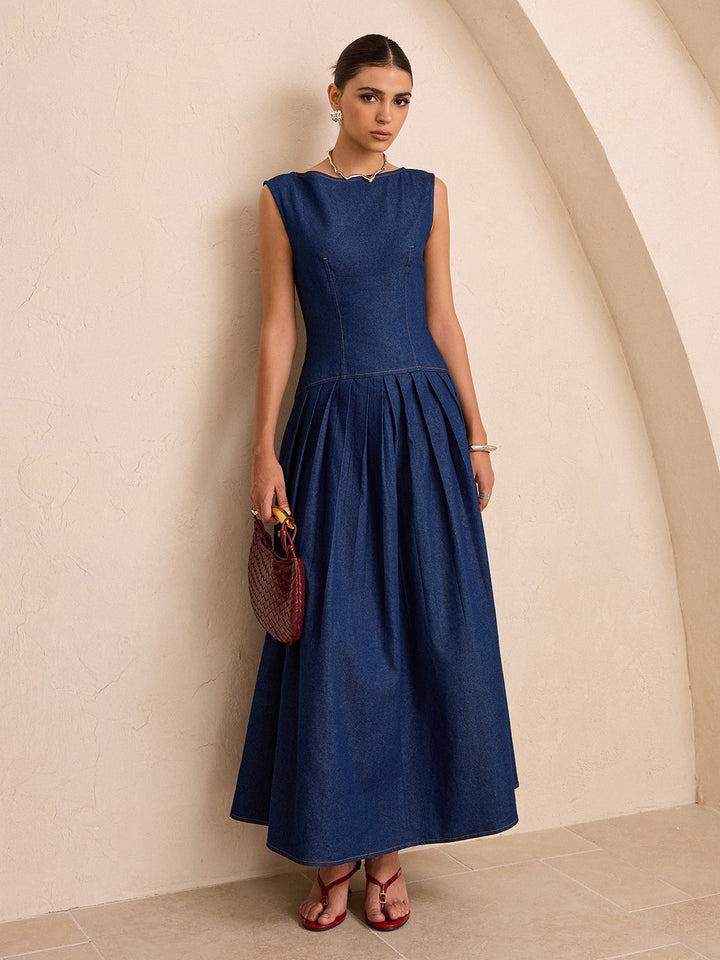Suni Denim Kolsuz Pilili Maxi Elbise