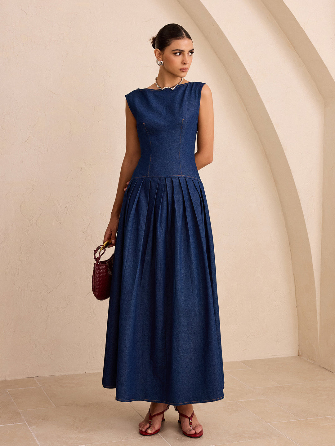 Suni Denim Kolsuz Pilili Maxi Elbise