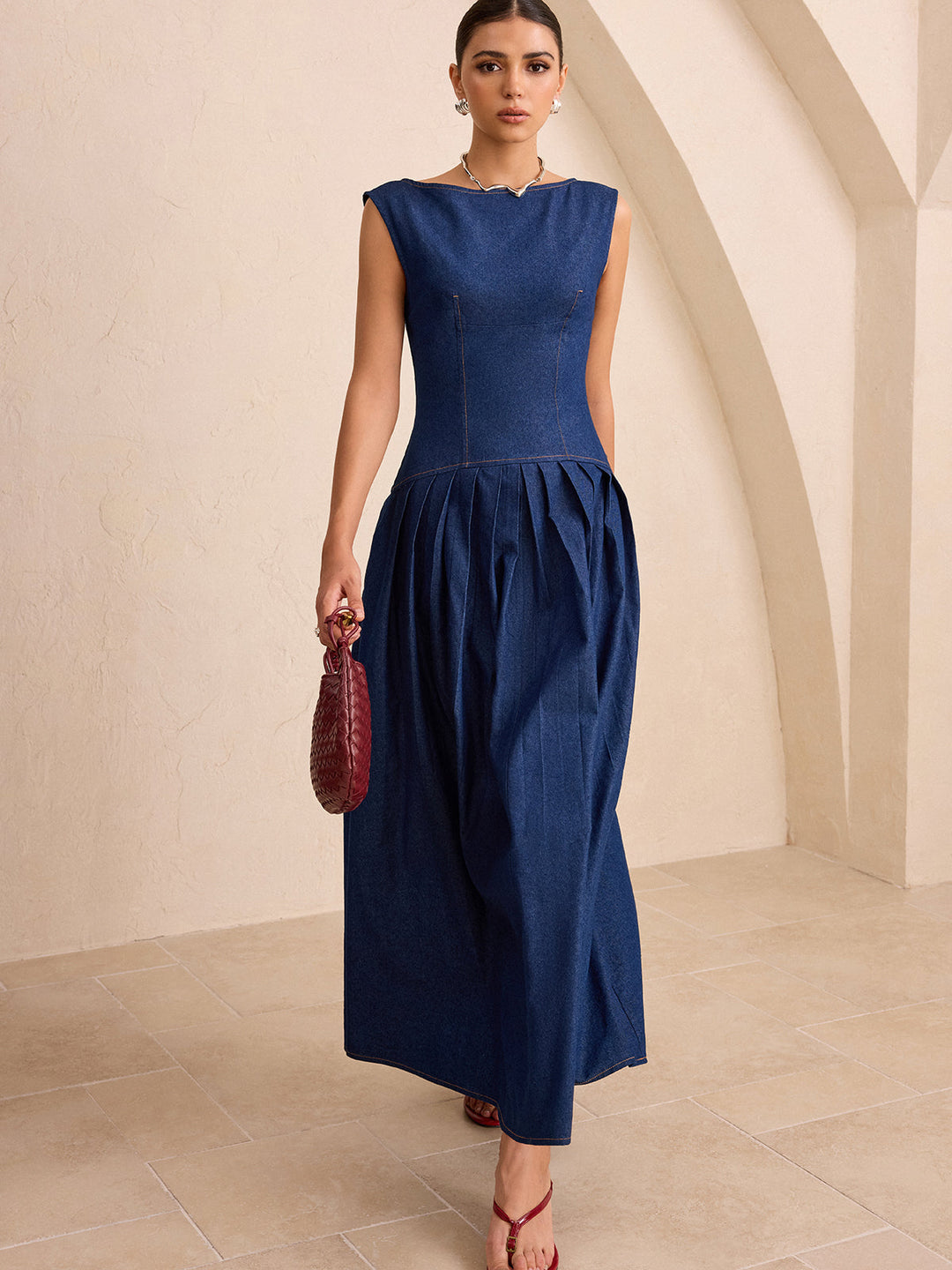 Suni Denim Kolsuz Pilili Maxi Elbise