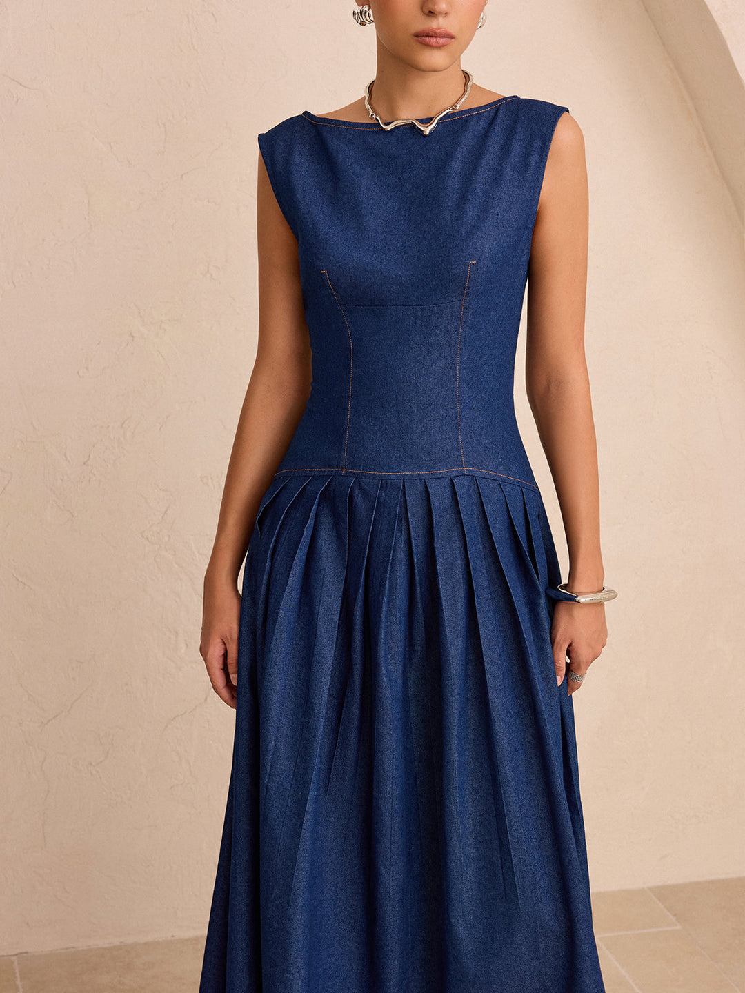 Suni Denim Kolsuz Pilili Maxi Elbise