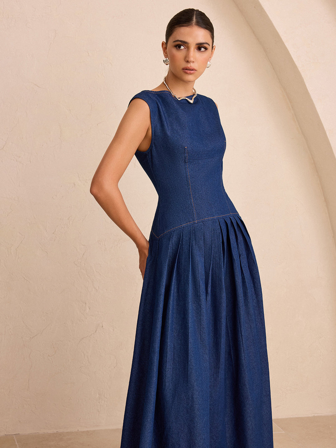 Suni Denim Kolsuz Pilili Maxi Elbise