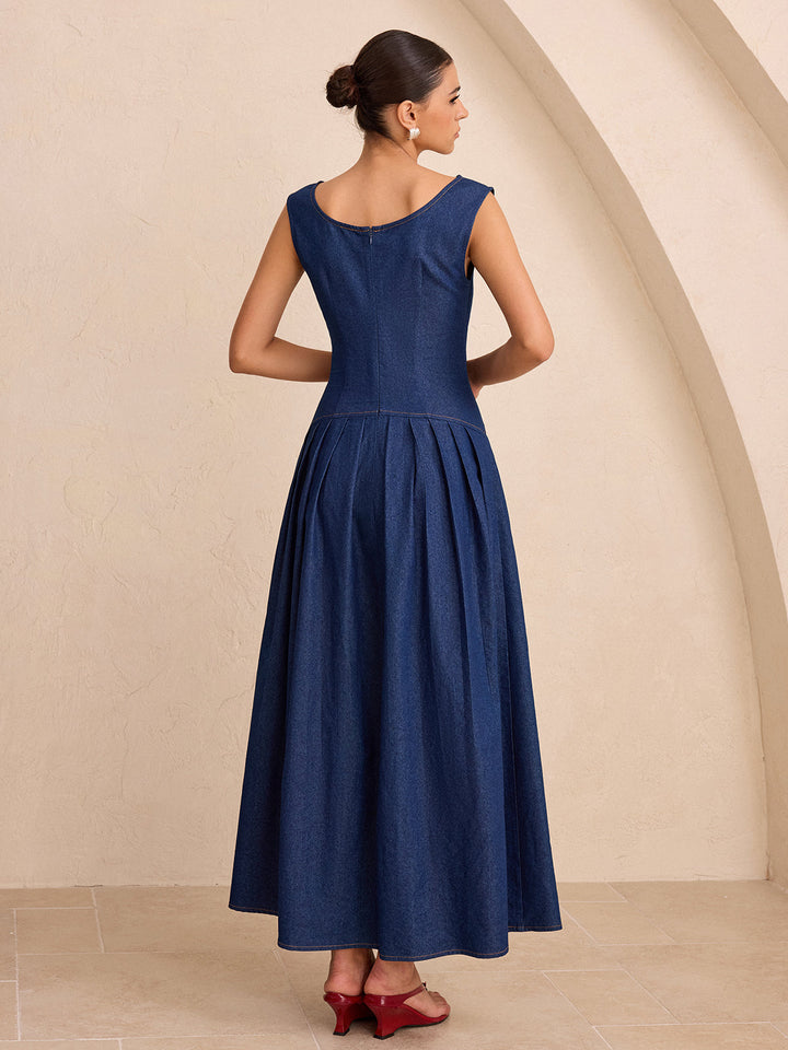 Suni Denim Kolsuz Pilili Maxi Elbise