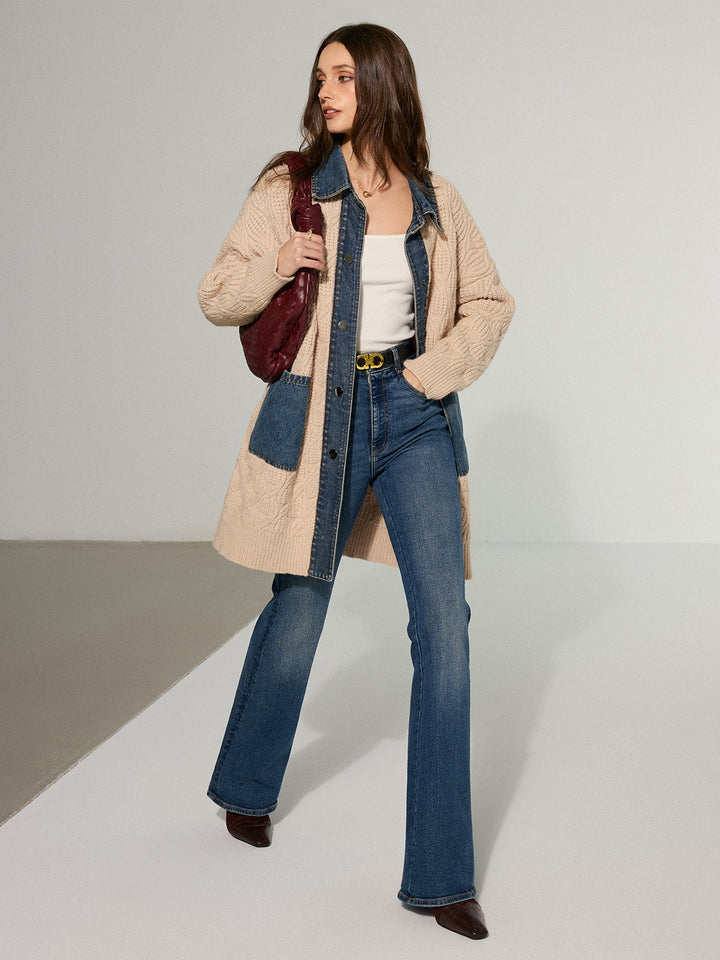 Kablo Örgü Denim Panelli Uzun Hırka