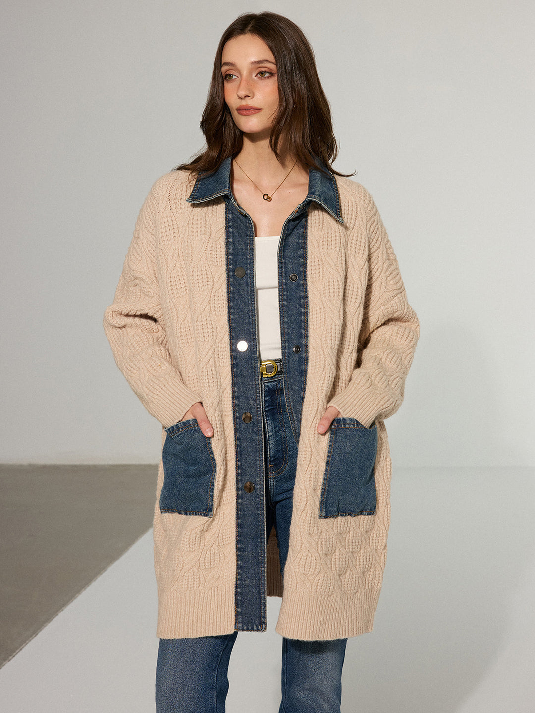 Kablo Örgü Denim Panelli Uzun Hırka