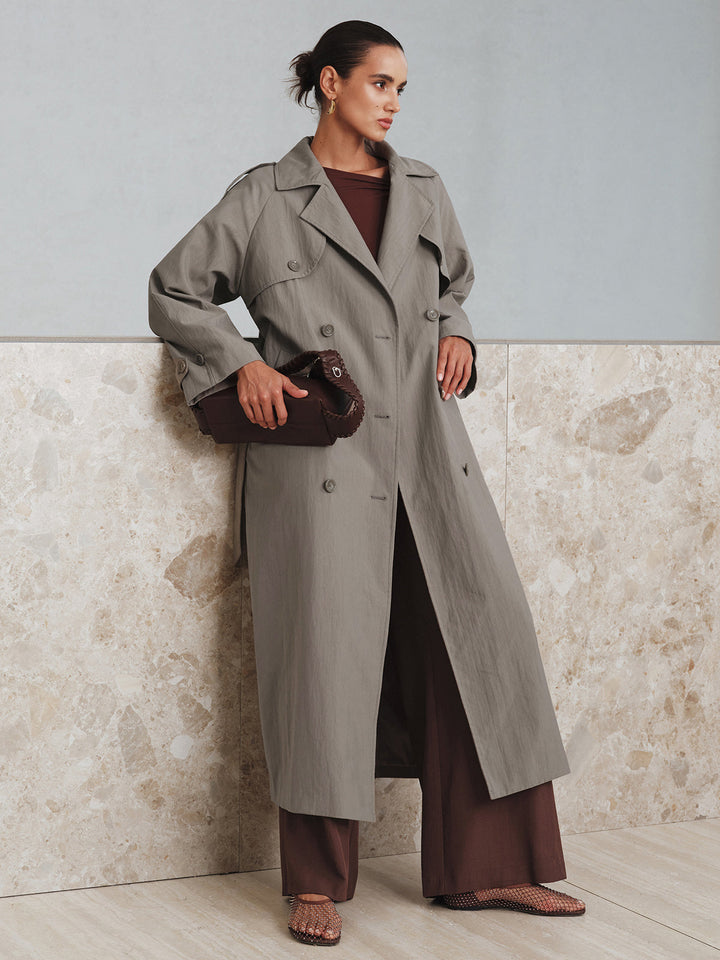 Kumaş Oversize Uzun Trençkot Kemeriyle