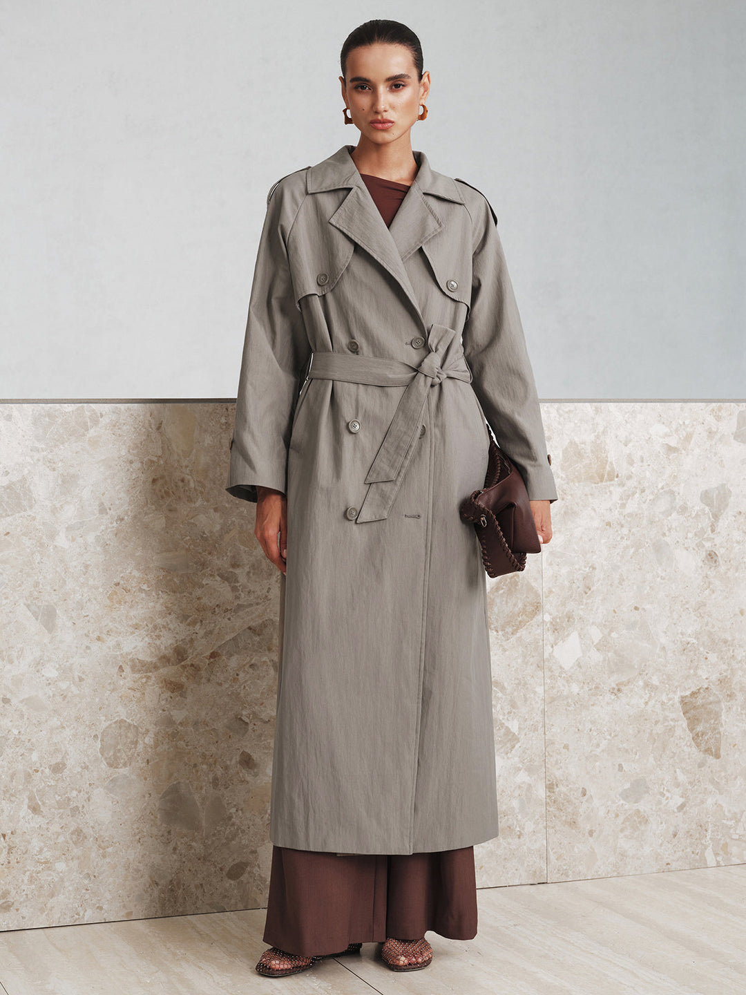 Kumaş Oversize Uzun Trençkot Kemeriyle