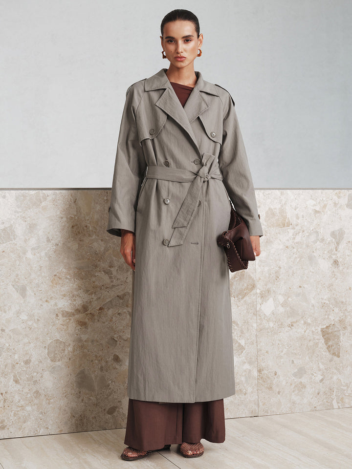 Kumaş Oversize Uzun Trençkot Kemeriyle