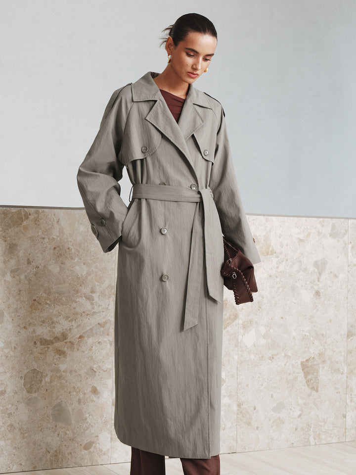 Kumaş Oversize Uzun Trençkot Kemeriyle