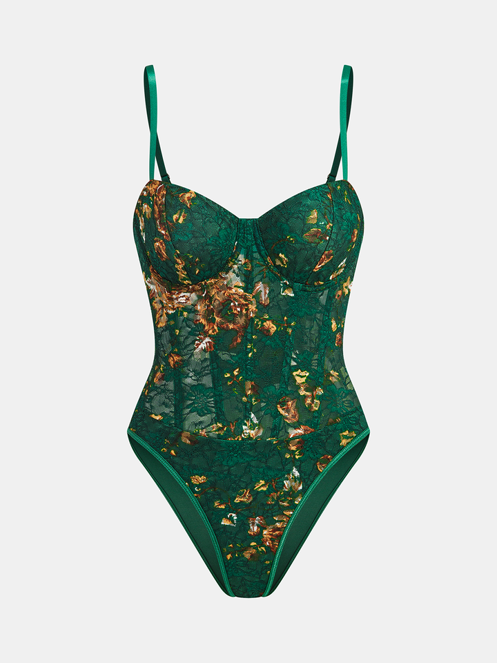 Çiçek Desenli İşlemeli Büstiyer Kostüm Bodysuit