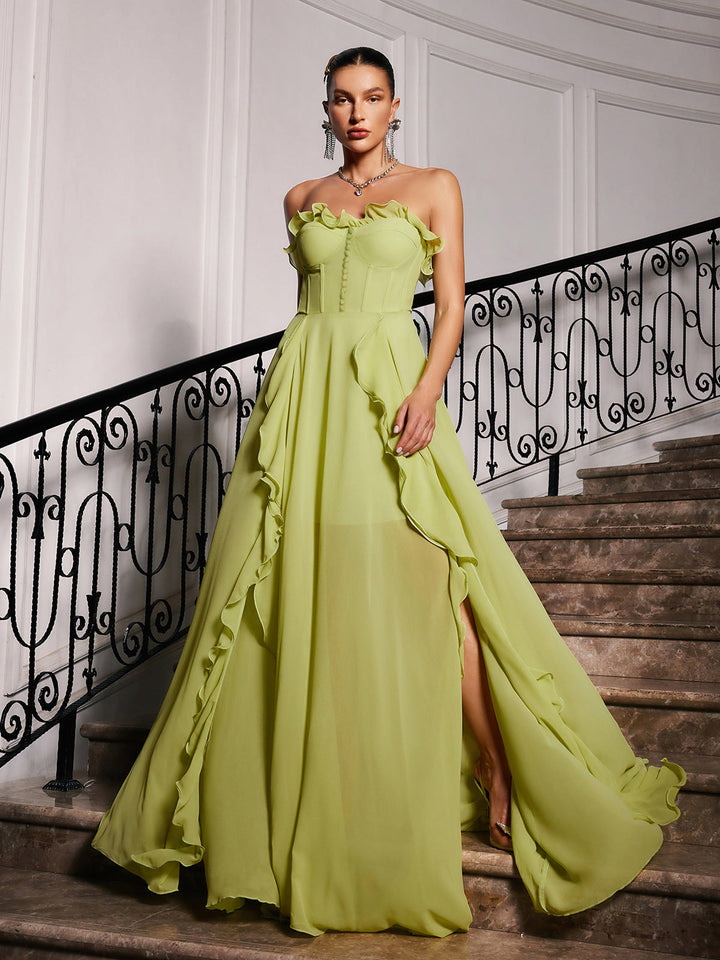 Craven Strapless Büstiyersiz Büzgülü Ağlı Maxi Elbise