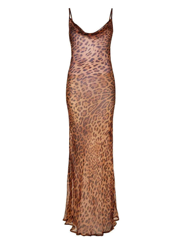 Melany Leopar Desenli İp Askılı Maksı Elbise