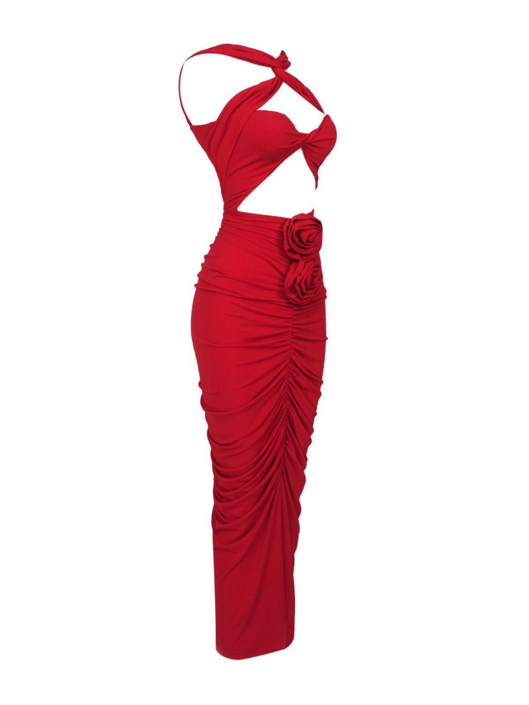 Pomeline Rose Vücut Fit Maxi Kırmızı Elbise
