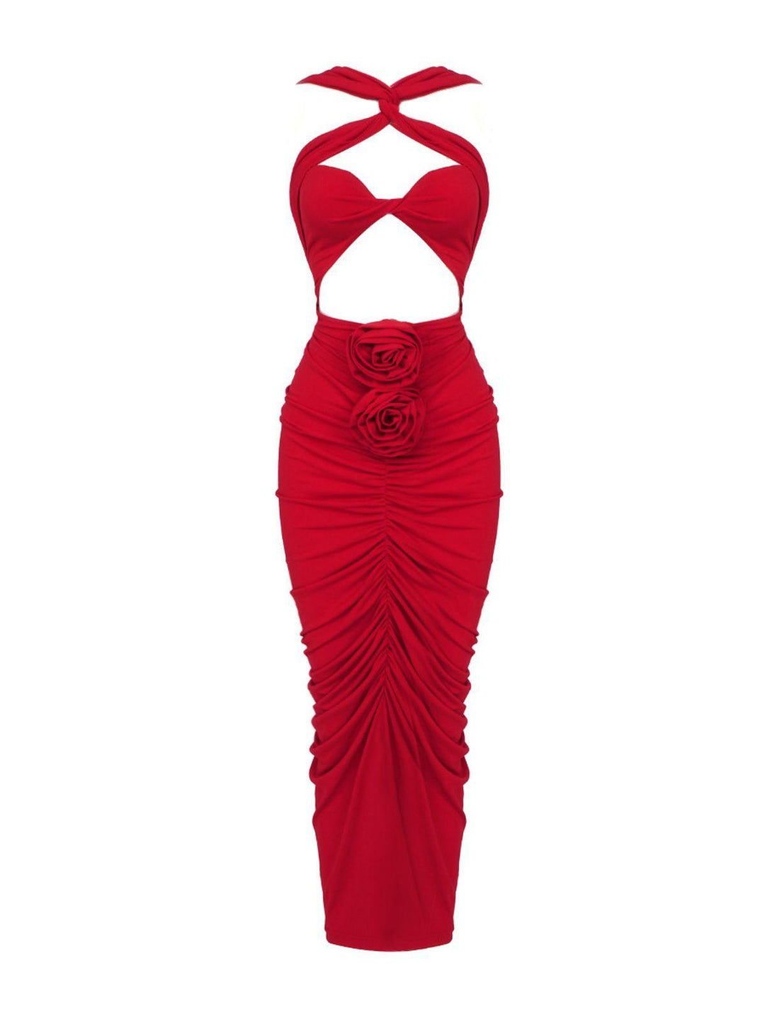 Pomeline Rose Vücut Fit Maxi Kırmızı Elbise