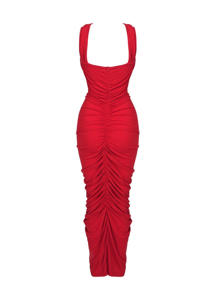 Pomeline Rose Vücut Fit Maxi Kırmızı Elbise