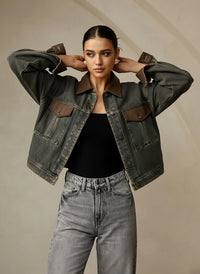 Vintage Kontrast Süslü Yaka Denim Ceket